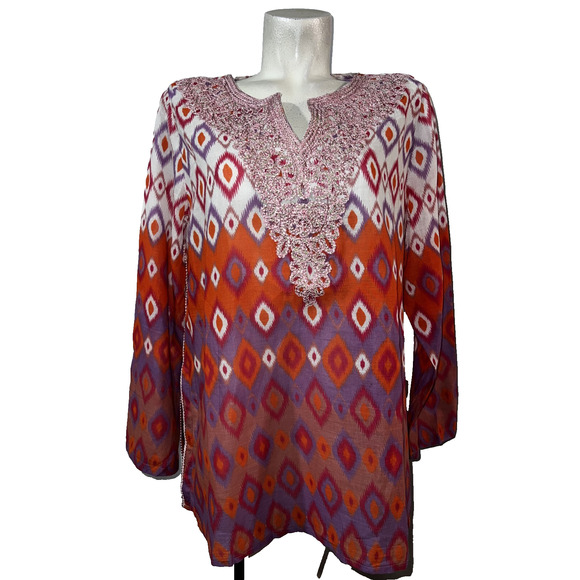 SOFT SURROUNDINGS Top Size XL Pink Purple Embroidery Neck Cinnabar Ikat Tunic - Picture 1 of 7